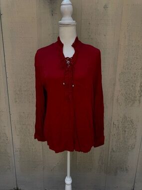 Chico's Crimson Lace-Up Ruffled V-Neck Blouse